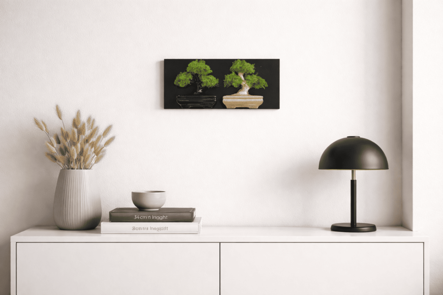 Sharon Italia - Quadretto Doppi Bonsai in Porcellana Oro e Nero con Muschio Stabilizzato - 34xH17 cm