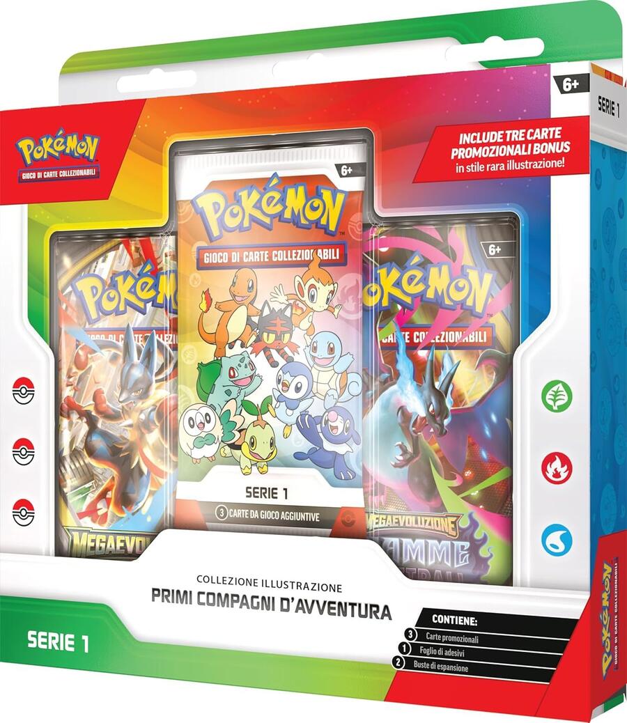 Pokémon: collezione illustrazione Primi compagni d’avventura - Serie 1 del GCC Pokémon (tre carte promozionali, due buste di espansione e un foglio di adesivi), Edizione in Italiano
