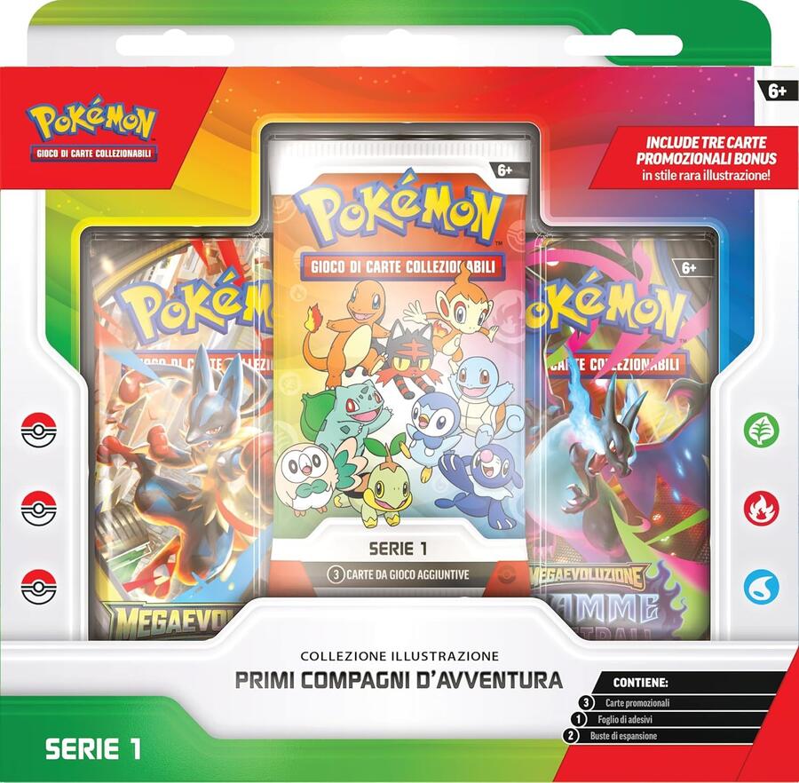 Pokémon: collezione illustrazione Primi compagni d’avventura - Serie 1 del GCC Pokémon (tre carte promozionali, due buste di espansione e un foglio di adesivi), Edizione in Italiano