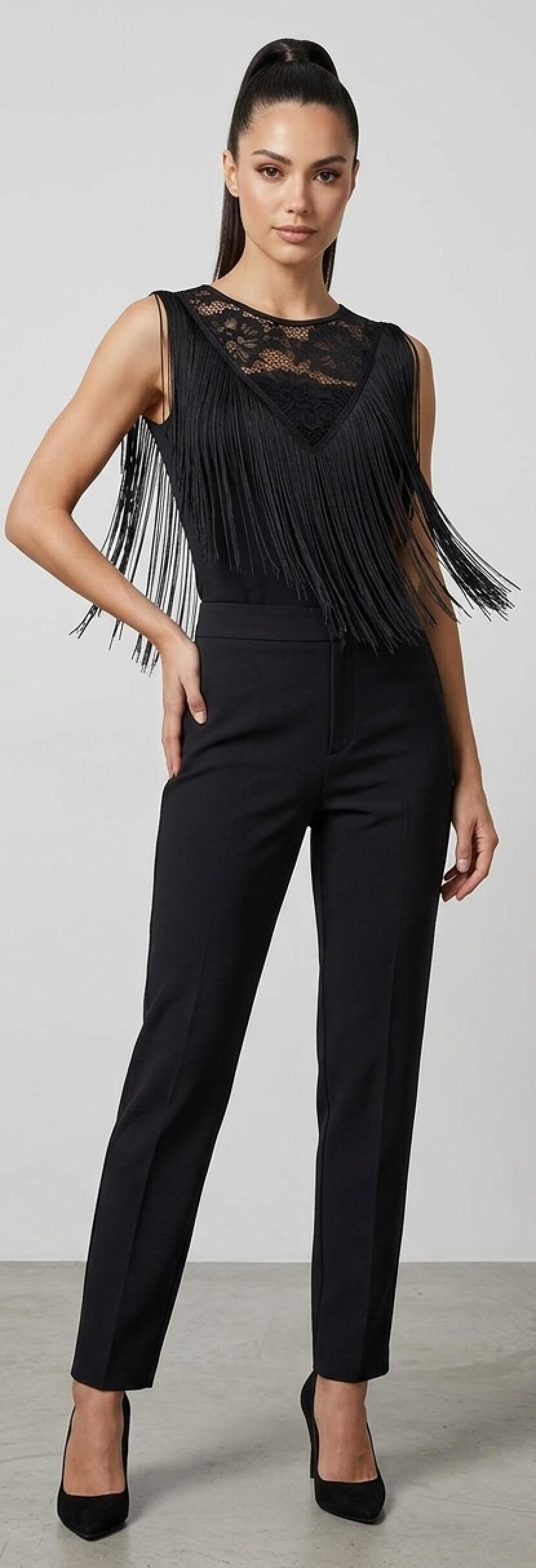 U433 Elastic Lace and Fringed Tank Top