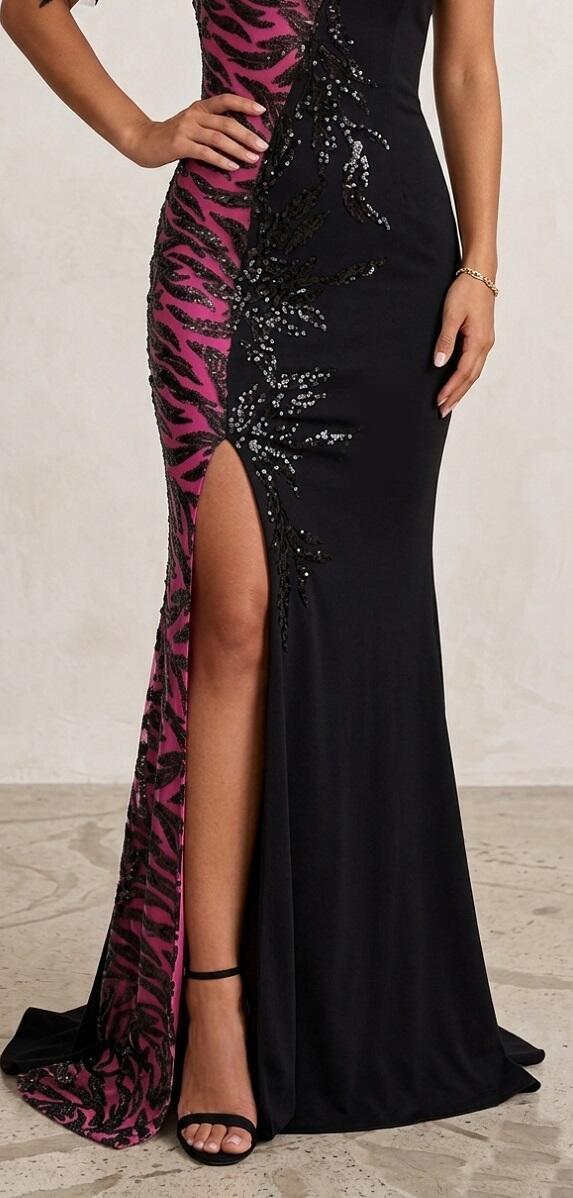 0944F Abito lungo moitié con spacco in crepe elastica con parte a contrasto in tulle foderato ricamato con paillettes