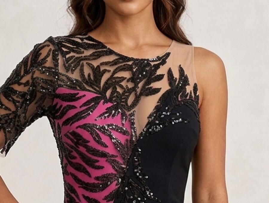 0944F Abito lungo moitié con spacco in crepe elastica con parte a contrasto in tulle foderato ricamato con paillettes