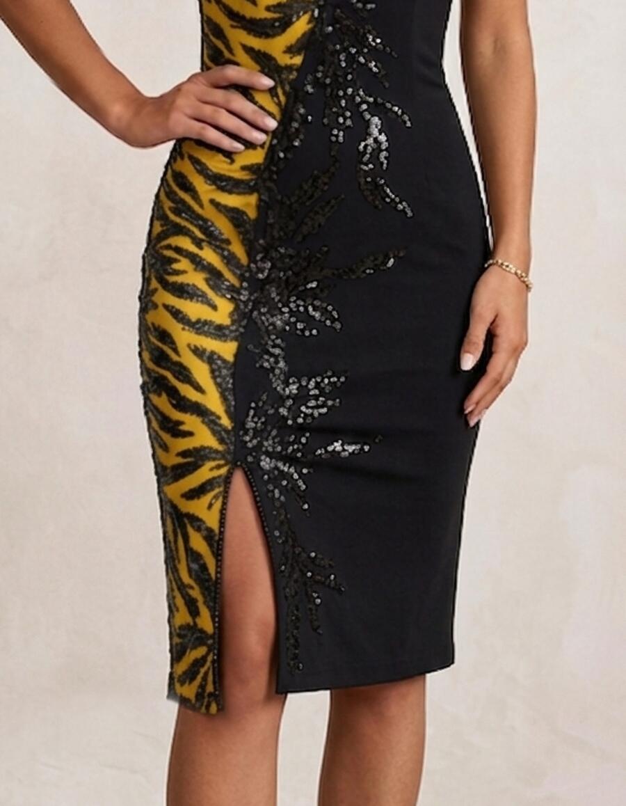 0943G Tubino moitié in crepe elastica con parte a contrasto giallo e tulle ricamato con paillettes