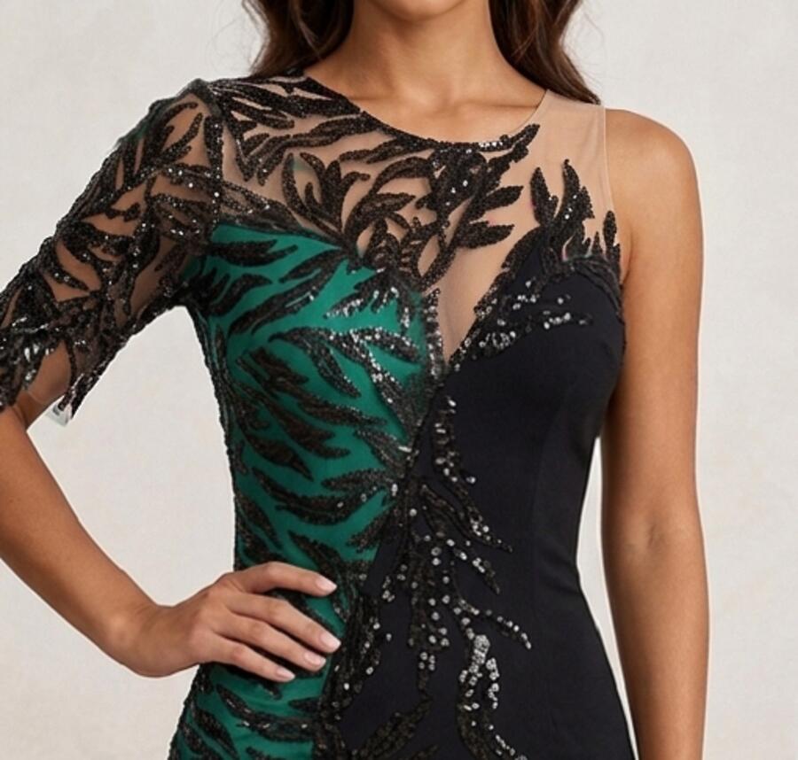 0943V Tubino moitié in crepe elastica con parte a contrasto verde e tulle ricamato con paillettes