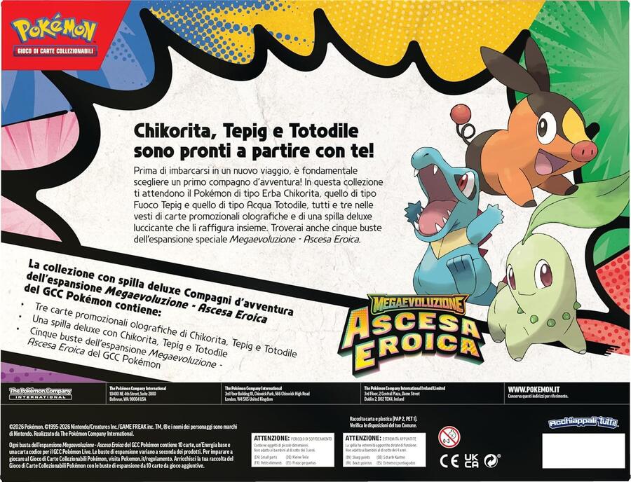 Pokémon: collezione con spilla deluxe Compagni d’avventura dell’espansione Megaevoluzione - Ascesa Eroica del GCC Pokémon (3 carte promozionali olografiche, 1 spilla deluxe e 5 buste di espansione)