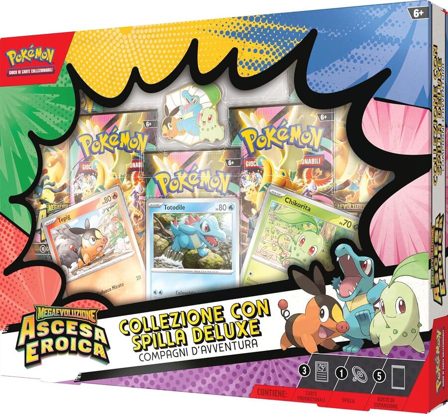 Pokémon: collezione con spilla deluxe Compagni d’avventura dell’espansione Megaevoluzione - Ascesa Eroica del GCC Pokémon (3 carte promozionali olografiche, 1 spilla deluxe e 5 buste di espansione)