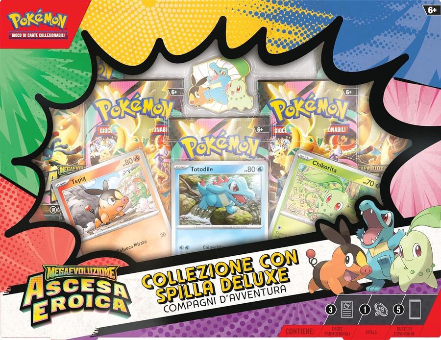 Pokémon: collezione con spilla deluxe Compagni d’avventura dell’espansione Megaevoluzione - Ascesa Eroica del GCC Pokémon (3 carte promozionali olografiche, 1 spilla deluxe e 5 buste di espansione)