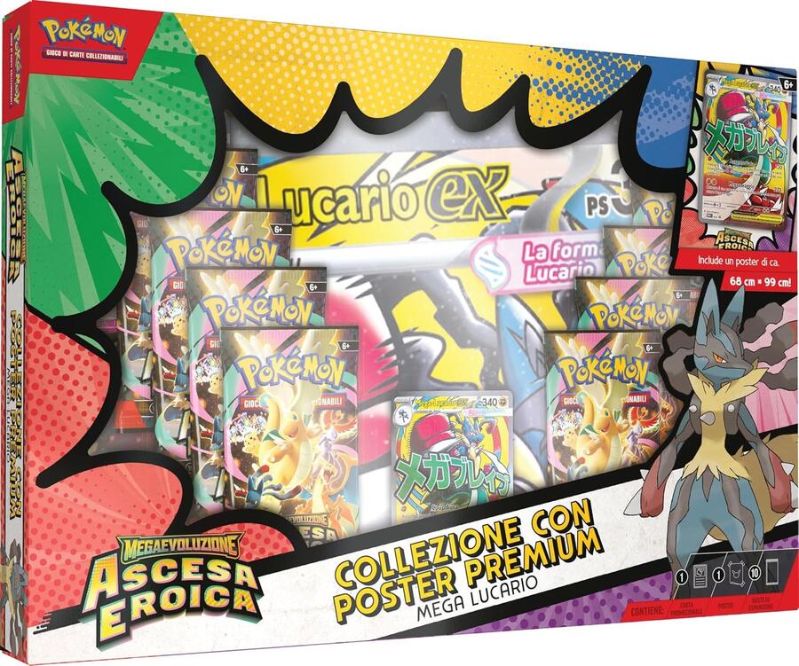 Pokémon: collezione con poster premium Mega Lucario dell’espansione Megaevoluzione - Ascesa Eroica del GCC Pokémon (una carta promozionale olografica, un poster fronte-retro e 10 buste di espansione)