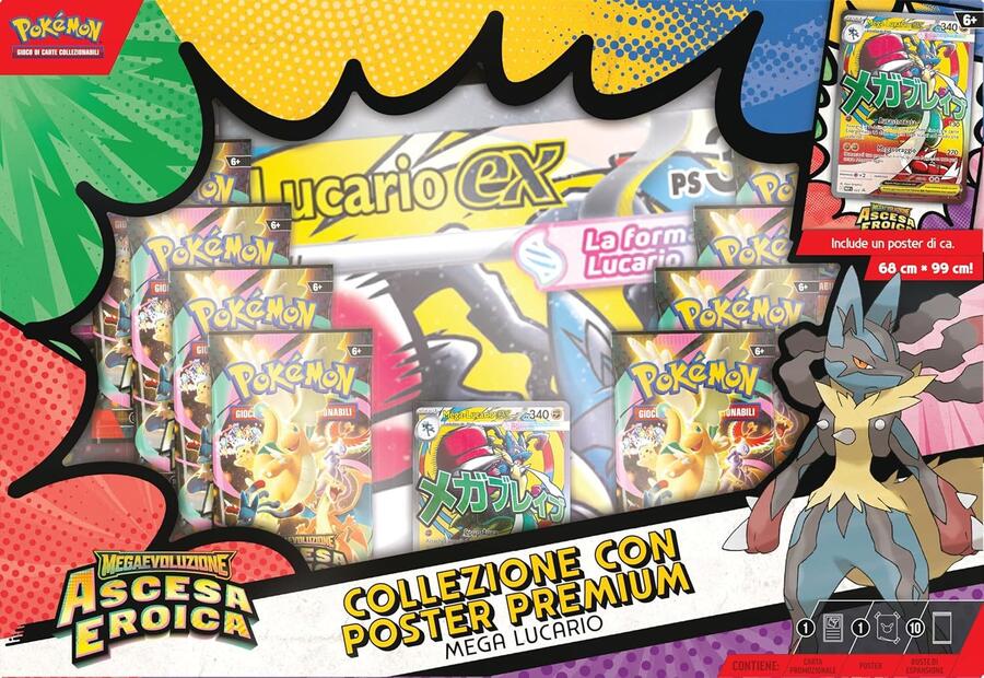 Pokémon: collezione con poster premium Mega Lucario dell’espansione Megaevoluzione - Ascesa Eroica del GCC Pokémon (una carta promozionale olografica, un poster fronte-retro e 10 buste di espansione)