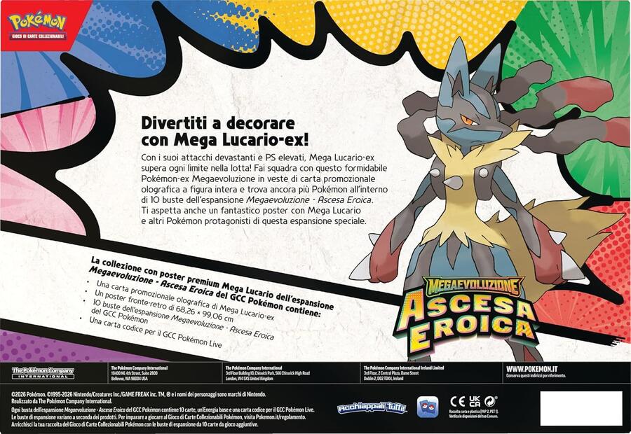 Pokémon: collezione con poster premium Mega Lucario dell’espansione Megaevoluzione - Ascesa Eroica del GCC Pokémon (una carta promozionale olografica, un poster fronte-retro e 10 buste di espansione)