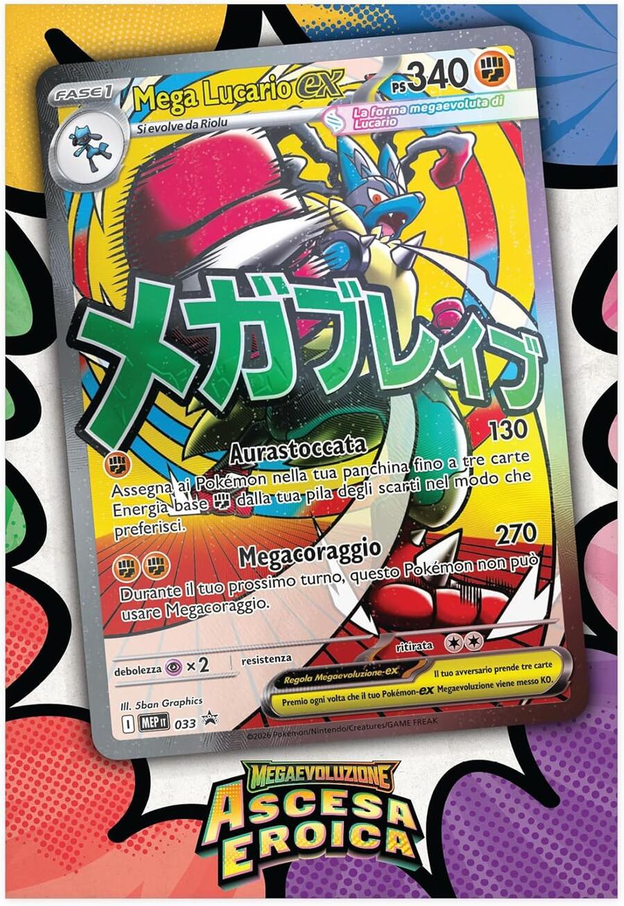 Pokémon: collezione con poster premium Mega Lucario dell’espansione Megaevoluzione - Ascesa Eroica del GCC Pokémon (una carta promozionale olografica, un poster fronte-retro e 10 buste di espansione)