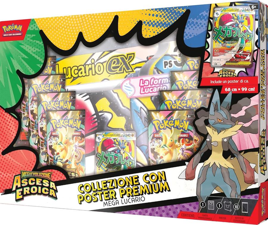 Pokémon: collezione con poster premium Mega Lucario dell’espansione Megaevoluzione - Ascesa Eroica del GCC Pokémon (una carta promozionale olografica, un poster fronte-retro e 10 buste di espansione)