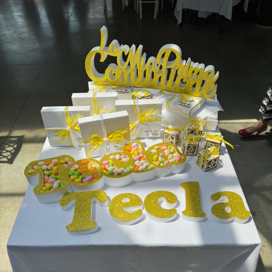 Scritta Prima comunione + nome portaconfetti 