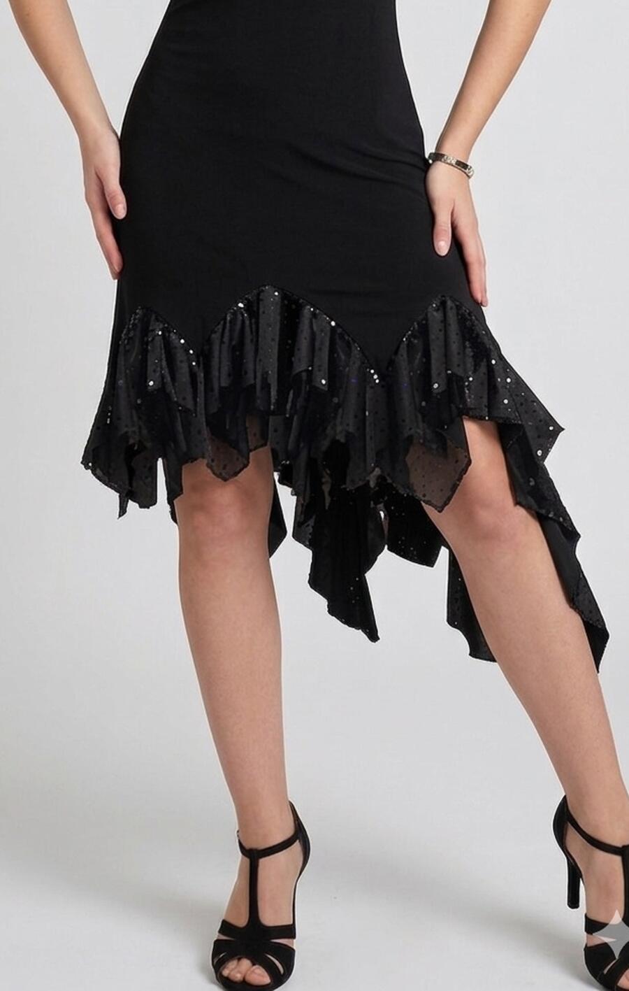 4-0139 ABITO DA TANGO E LATINO CON RUCHES FINALE IN TULLE E PAILLETTES STAMPATE