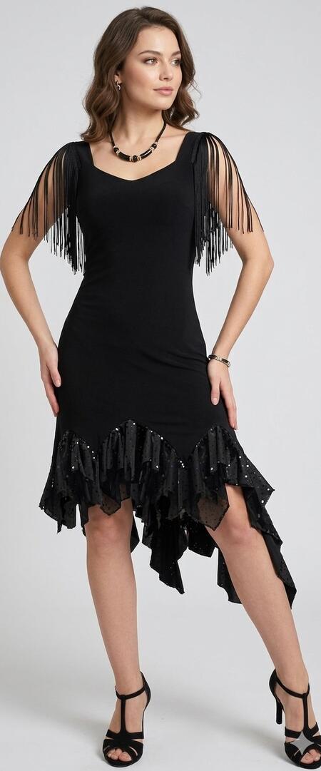 4-0139F Abito da tango e latini con ruches finale in tulle e paillettes stampate con frange nelle maniche