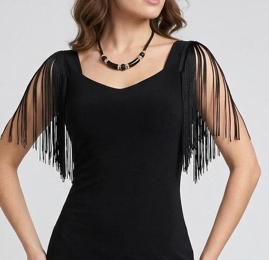 4-0139F Abito da tango e latini con ruches finale in tulle e paillettes stampate con frange nelle maniche