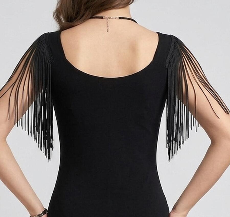 4-0139F Abito da tango e latini con ruches finale in tulle e paillettes stampate con frange nelle maniche