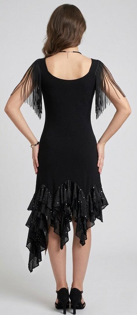 4-0139F Abito da tango e latini con ruches finale in tulle e paillettes stampate con frange nelle maniche