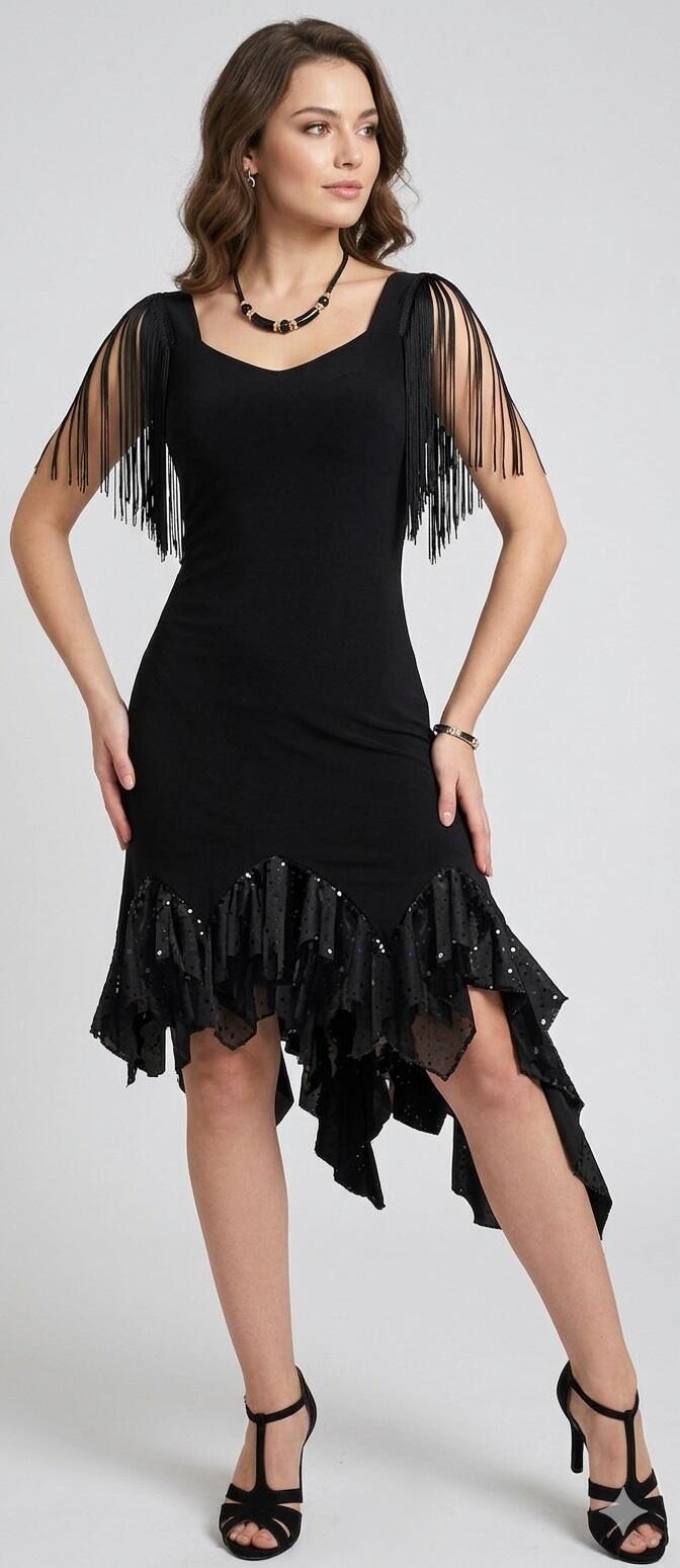 4-0139F Abito da tango e latini con ruches finale in tulle e paillettes stampate con frange nelle maniche