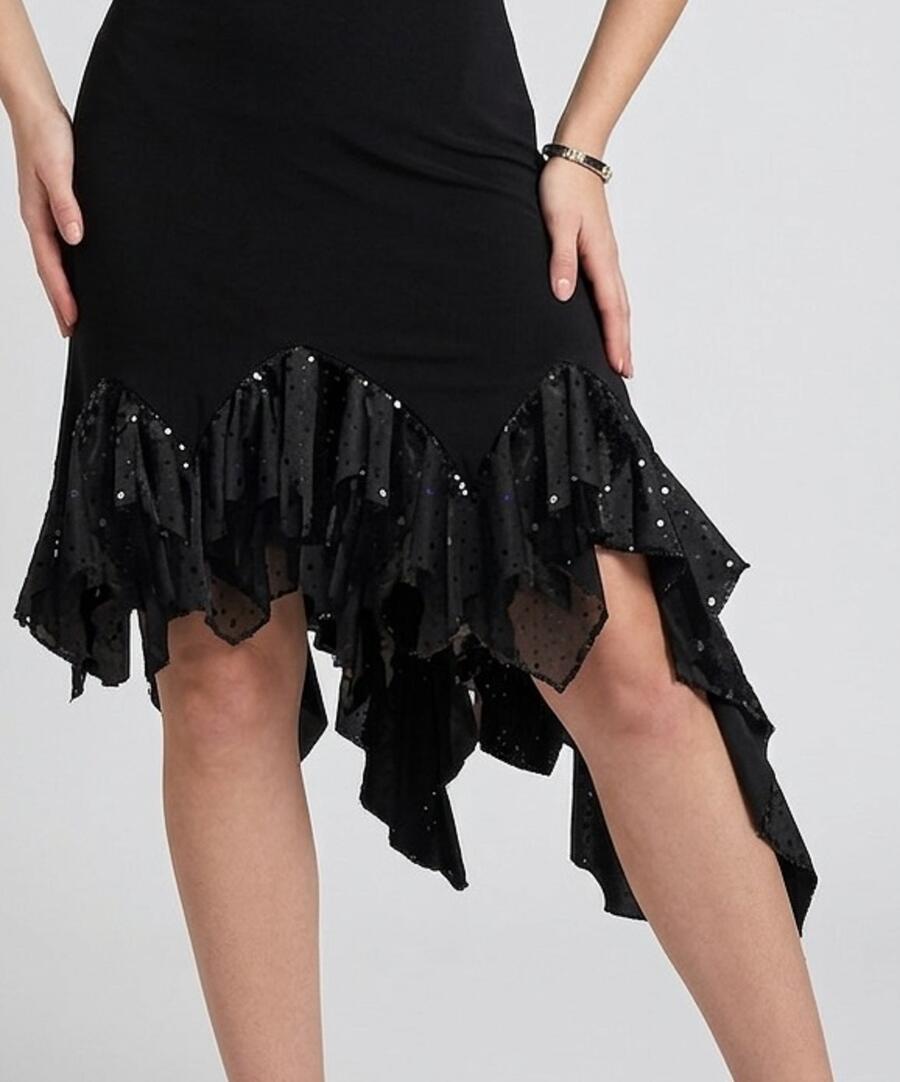 4-0139F Abito da tango e latini con ruches finale in tulle e paillettes stampate con frange nelle maniche