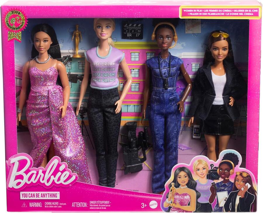 Barbie Carriere - Set di 4 bambole donne nel cinema con accessori inclusi, produttrice, regista, camerawoman e star del cinema con look rimovibili, giocattolo per bambini, 3+ anni, HRG54