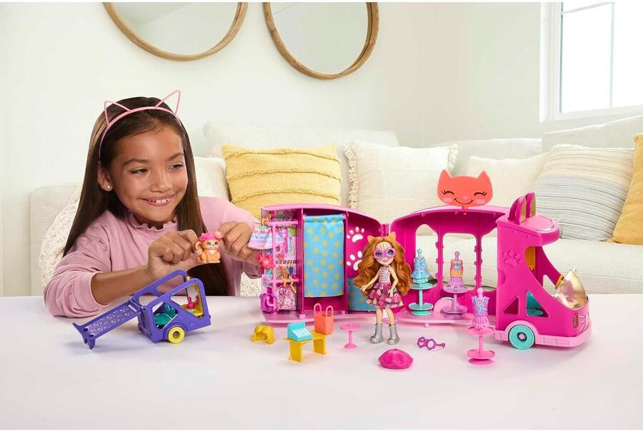 Playset Enchantimals Glam Party Styling Truck con bambola e accessori, include un animale domestico Best Friend, un rimorchio e altro ancora, regalo per bambini e bambine dai 3 anni in su, HPB34