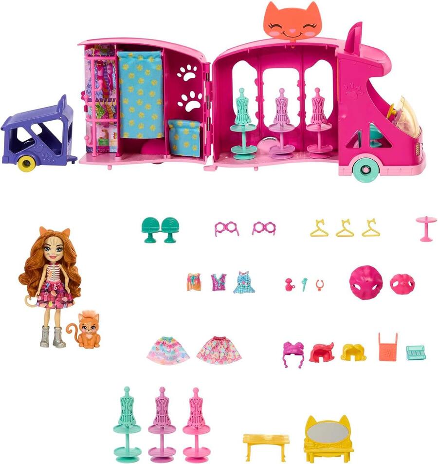 Playset Enchantimals Glam Party Styling Truck con bambola e accessori, include un animale domestico Best Friend, un rimorchio e altro ancora, regalo per bambini e bambine dai 3 anni in su, HPB34