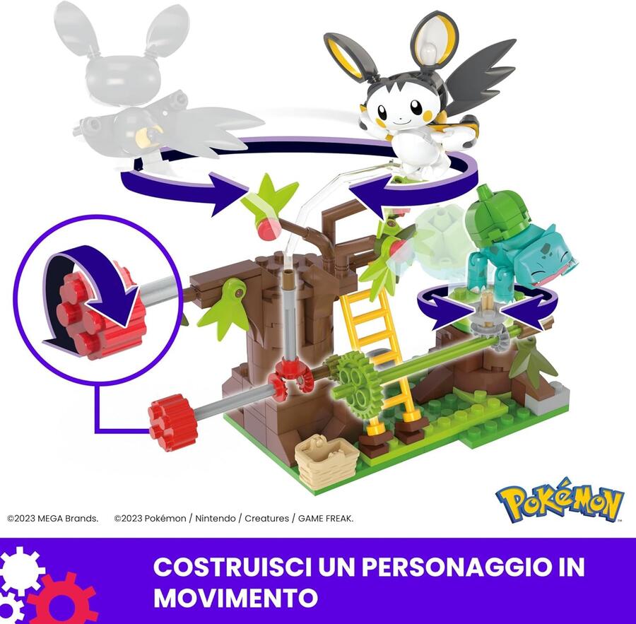 MEGA Pokémon - Il Bosco Incantato di Emolga e Bulbasaur, set da costruire con 194 pezzi e 2 personaggi, sistema Mattoncino Movimento per farli muovere, giocattolo per bambini, 7+ anni, HTH69