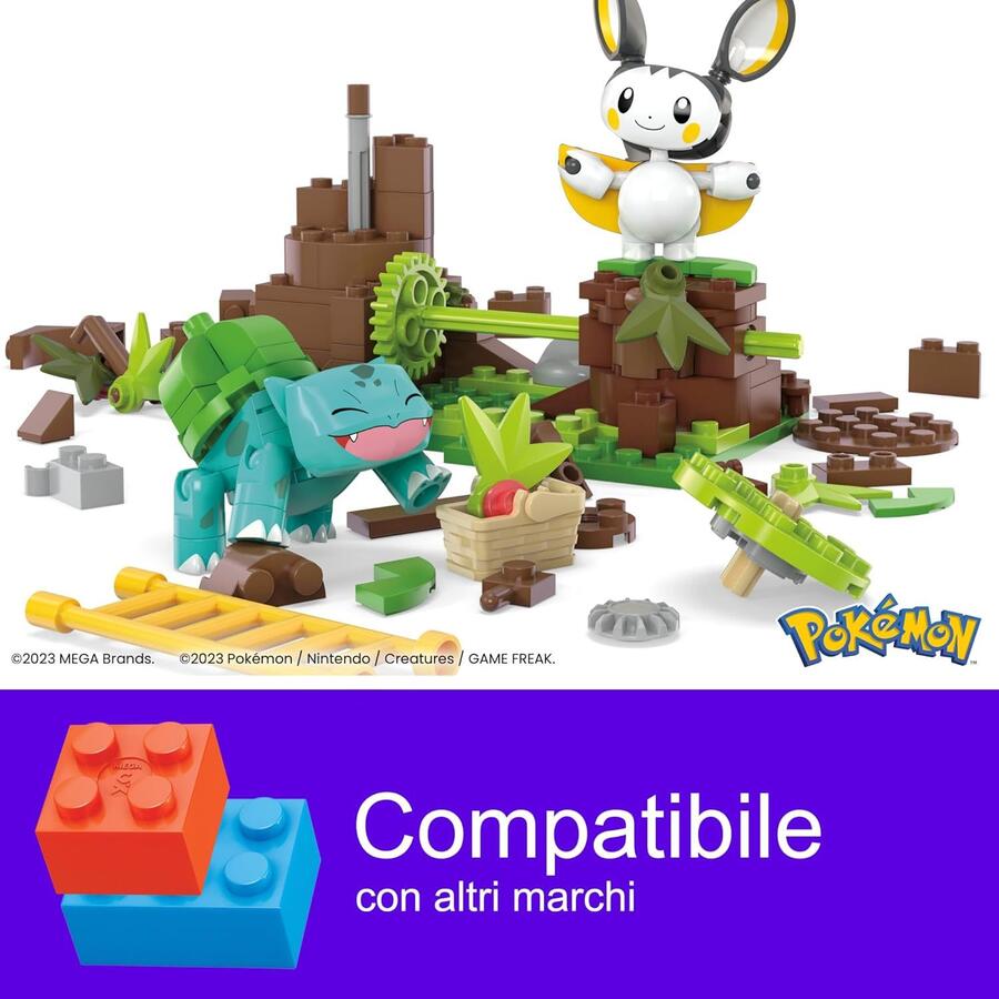 MEGA Pokémon - Il Bosco Incantato di Emolga e Bulbasaur, set da costruire con 194 pezzi e 2 personaggi, sistema Mattoncino Movimento per farli muovere, giocattolo per bambini, 7+ anni, HTH69