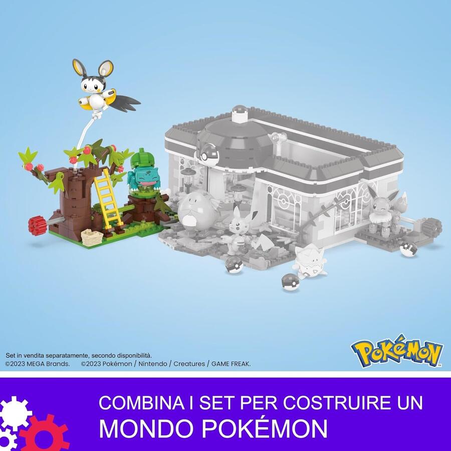 MEGA Pokémon - Il Bosco Incantato di Emolga e Bulbasaur, set da costruire con 194 pezzi e 2 personaggi, sistema Mattoncino Movimento per farli muovere, giocattolo per bambini, 7+ anni, HTH69