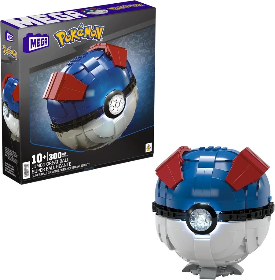 MEGA Pokémon - Mega Ball Gigante, Set da Costruire con 300 Pezzi e luci, Pulsante Centrale Si Illumina e Lampeggia, piedistallo da Esposizione Incluso, Giocattolo per Bambini, 10+ Anni, HMW04