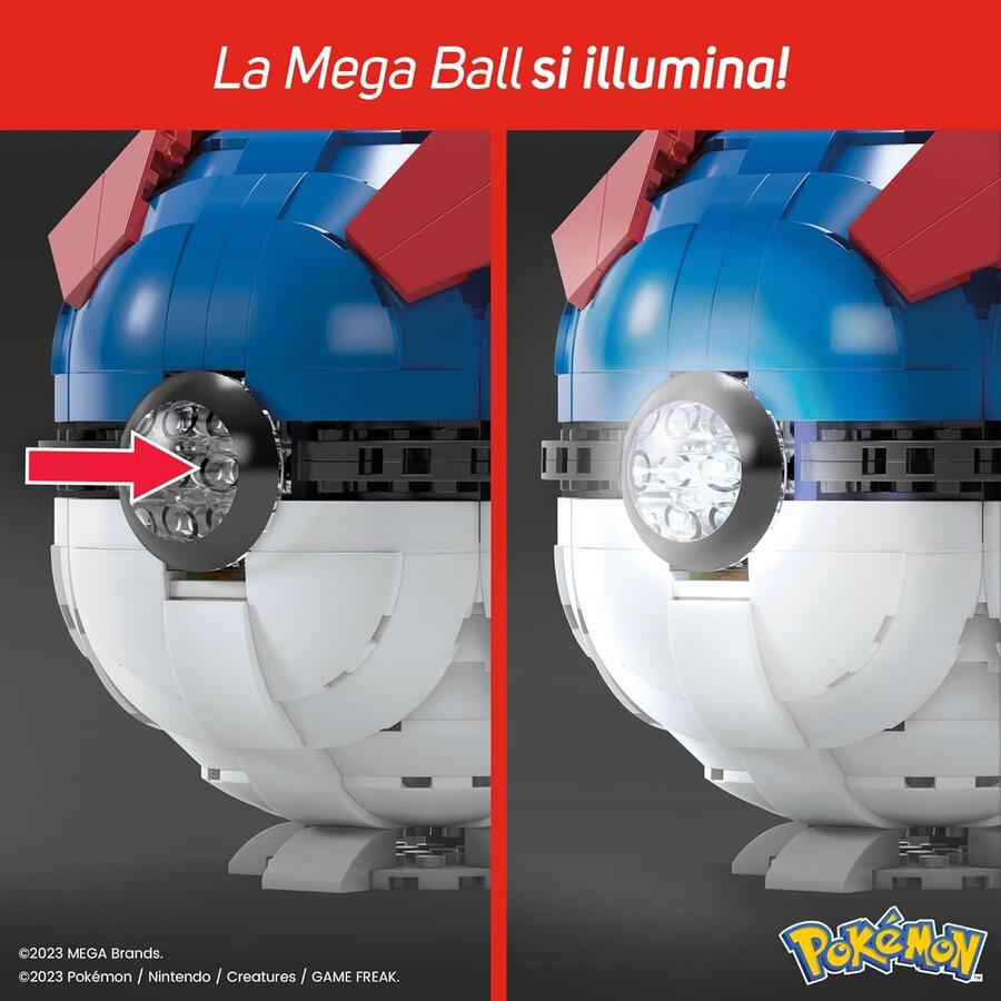 MEGA Pokémon - Mega Ball Gigante, Set da Costruire con 300 Pezzi e luci, Pulsante Centrale Si Illumina e Lampeggia, piedistallo da Esposizione Incluso, Giocattolo per Bambini, 10+ Anni, HMW04