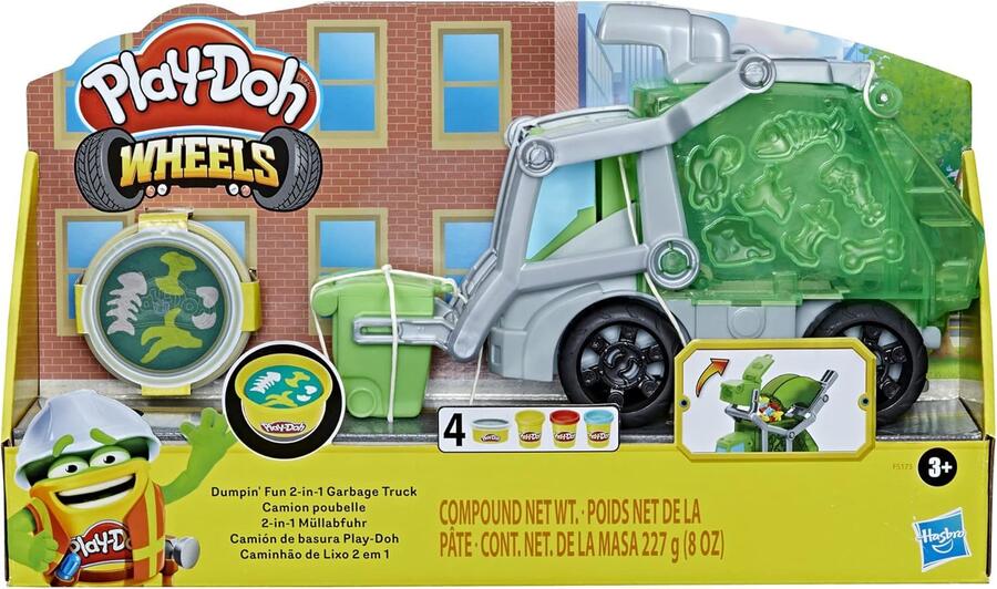 Play-Doh, Wheels, Che Bello scaricare, Camion dei rifiuti 2 in 1 con rifiuti di Pasta modellabile e 3 vasetti - +3anni