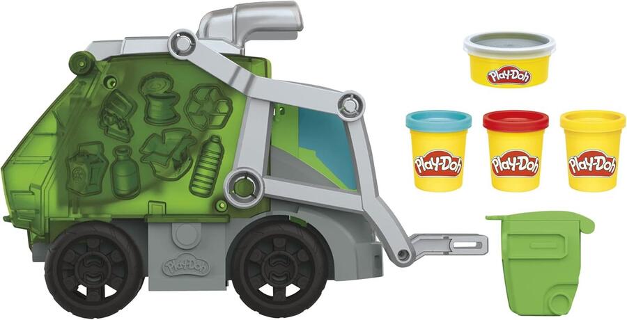 Play-Doh, Wheels, Che Bello scaricare, Camion dei rifiuti 2 in 1 con rifiuti di Pasta modellabile e 3 vasetti - +3anni