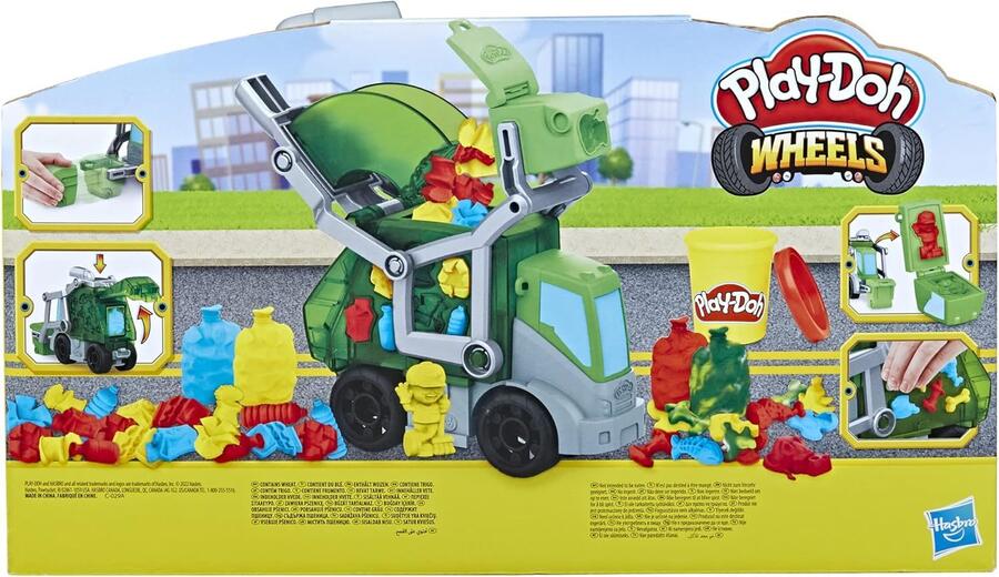 Play-Doh, Wheels, Che Bello scaricare, Camion dei rifiuti 2 in 1 con rifiuti di Pasta modellabile e 3 vasetti - +3anni