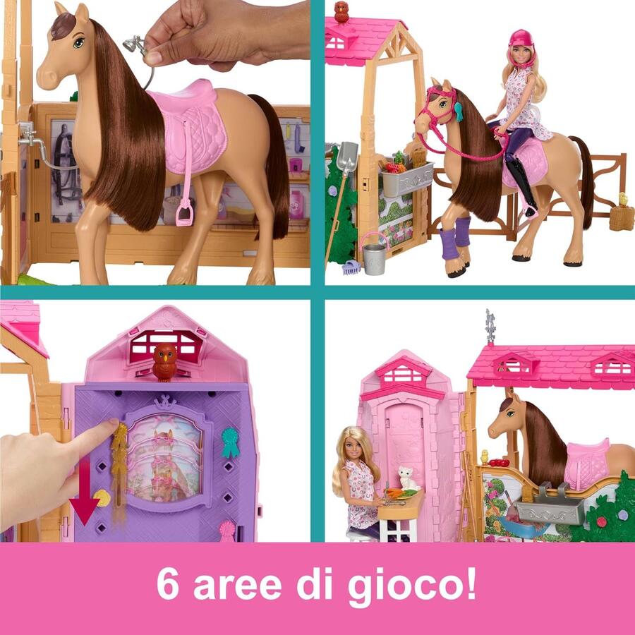 Barbie - Stalla Ultimate Stable, set con 6 aree di gioco, bambola, cavallo e 25 accessori inclusi, ispirato a I misteri di Barbie - Alla ricerca del cavallo scomparso, 3+ anni, JDN43