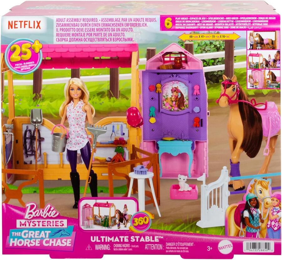 Barbie - Stalla Ultimate Stable, set con 6 aree di gioco, bambola, cavallo e 25 accessori inclusi, ispirato a I misteri di Barbie - Alla ricerca del cavallo scomparso, 3+ anni, JDN43