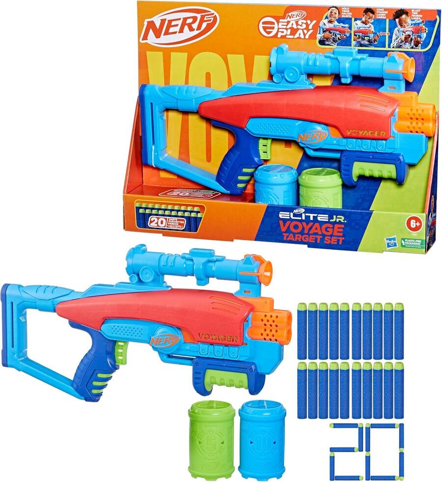 Nerf elite junior set voyage target, blaster in gommapiuma facile da usare, 20 dardi nerf elite, 2 bersagli - +6 ANNI