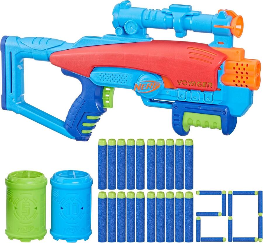Nerf elite junior set voyage target, blaster in gommapiuma facile da usare, 20 dardi nerf elite, 2 bersagli - +6 ANNI