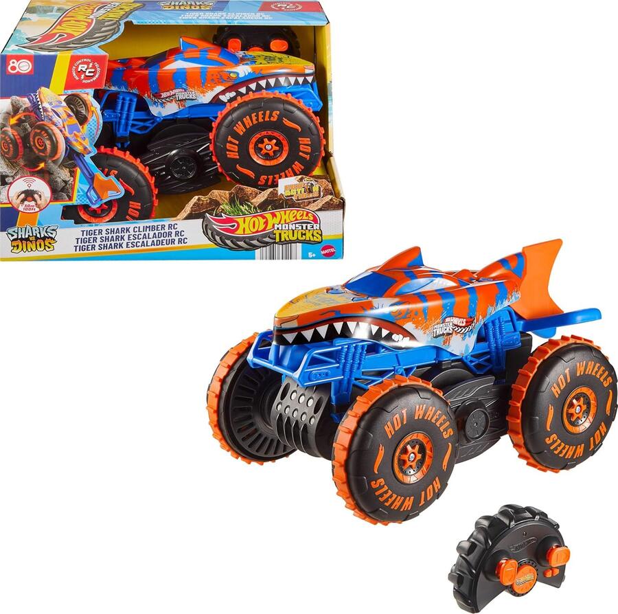 Hot Wheels Monster Trucks - Tiger Shark Super Scalatore RC, veicolo radiocomandato grande con 3 modalità per gareggiare, scalare e fare acrobazie, giocattolo per bambini, 5+ anni, JFR39