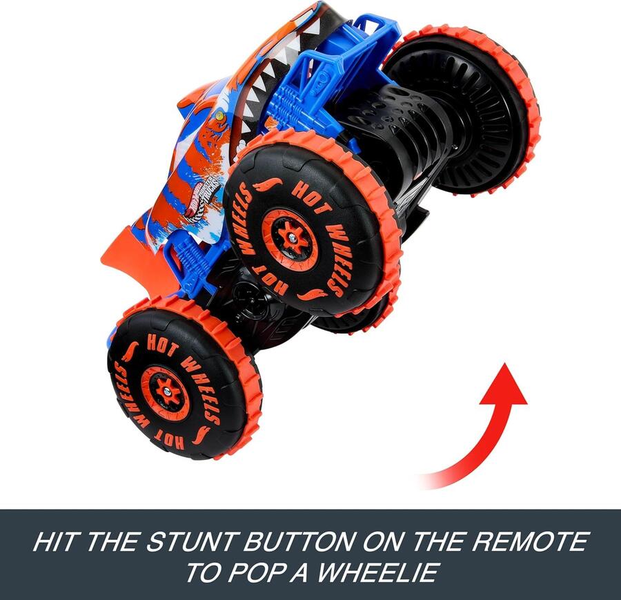 Hot Wheels Monster Trucks - Tiger Shark Super Scalatore RC, veicolo radiocomandato grande con 3 modalità per gareggiare, scalare e fare acrobazie, giocattolo per bambini, 5+ anni, JFR39