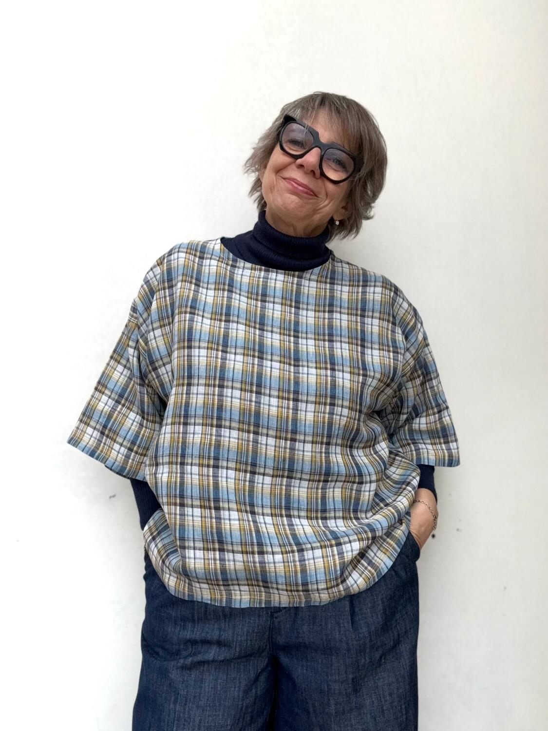 Camicia quadri azzurro in lino