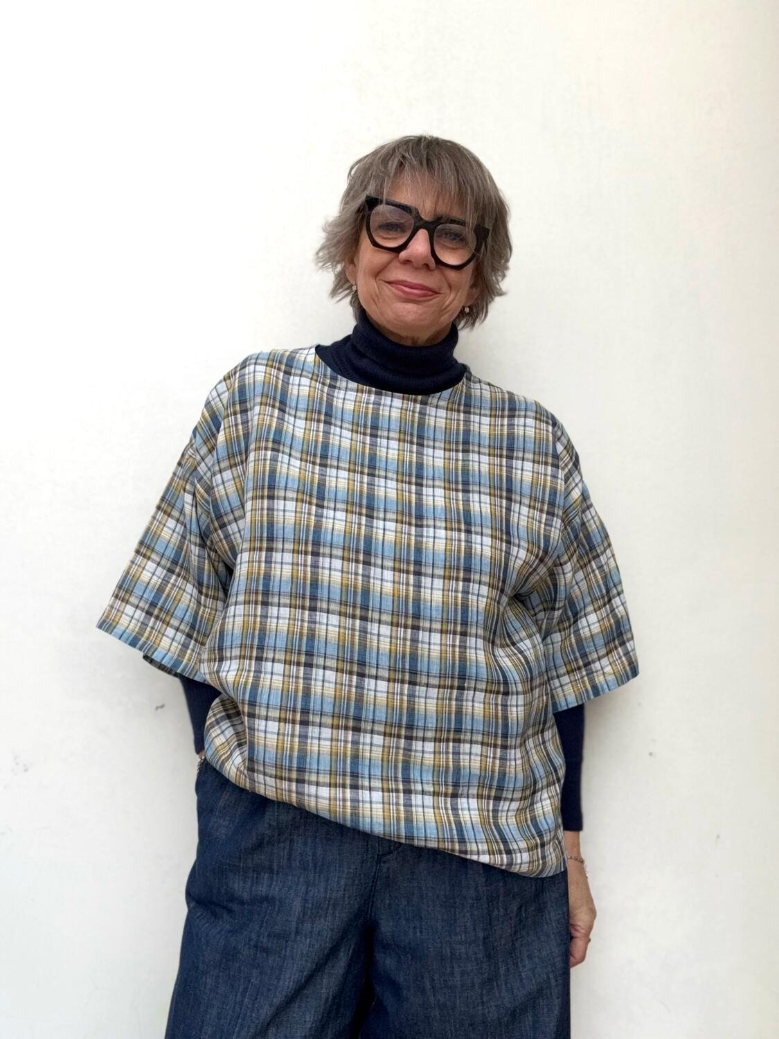 Camicia quadri azzurro in lino