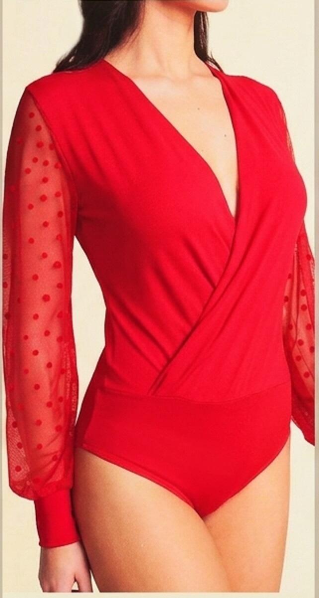 6-0043 Body incrociato in maglina tecnica elastica con maniche lunghe in tulle o maglina