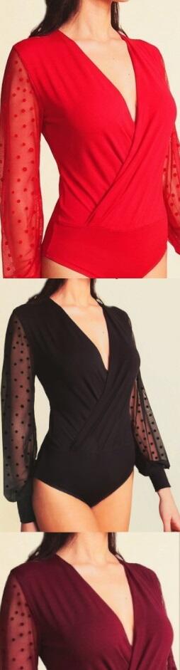 6-0043 Bodysuit in elastic technical jersey with long tulle sleeves with polka dots