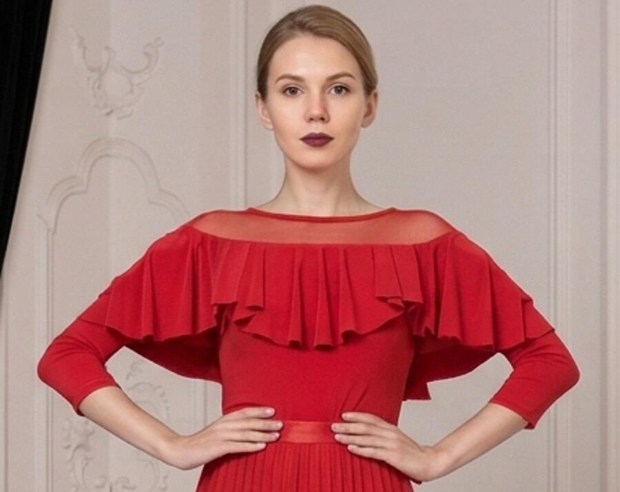 Maglia da ballo con ruches singola a sbalzo scollo in tulle e manichette AB20