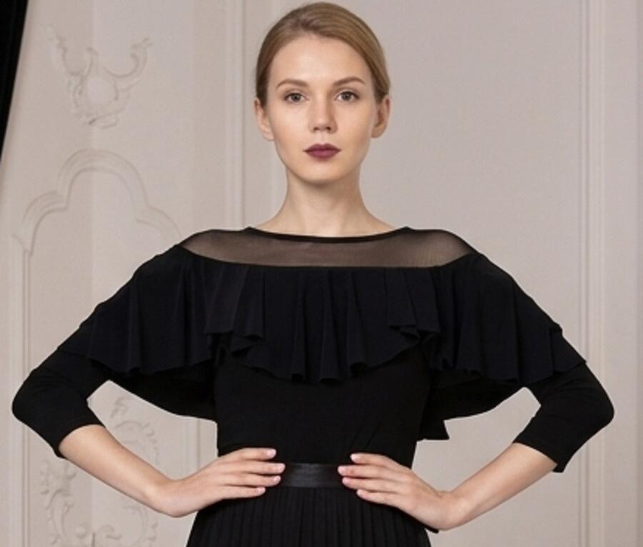 Maglia da ballo con ruches singola a sbalzo scollo in tulle e manichette AB20