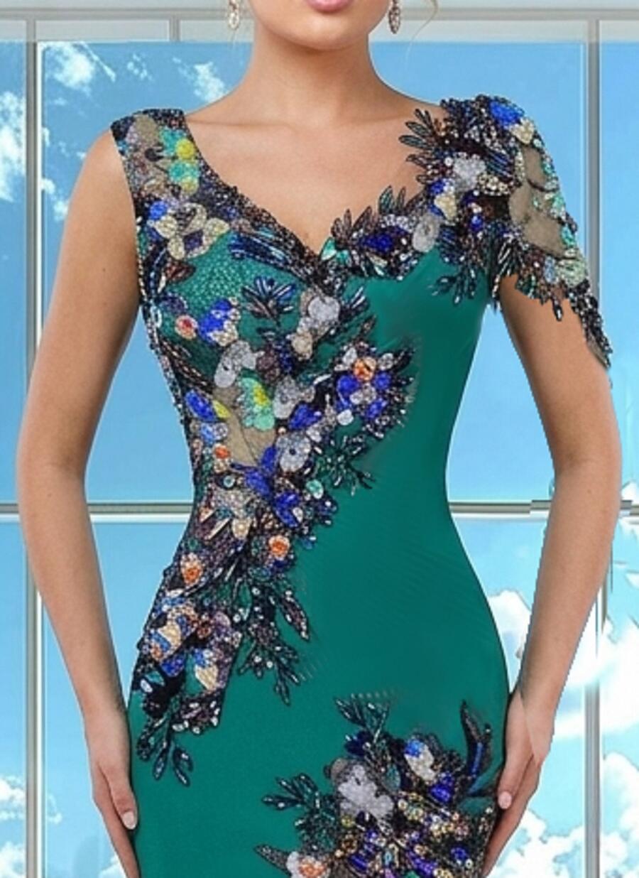 0948 Long mermaid dress in crepe fabric with tulle and multicoloured sequins