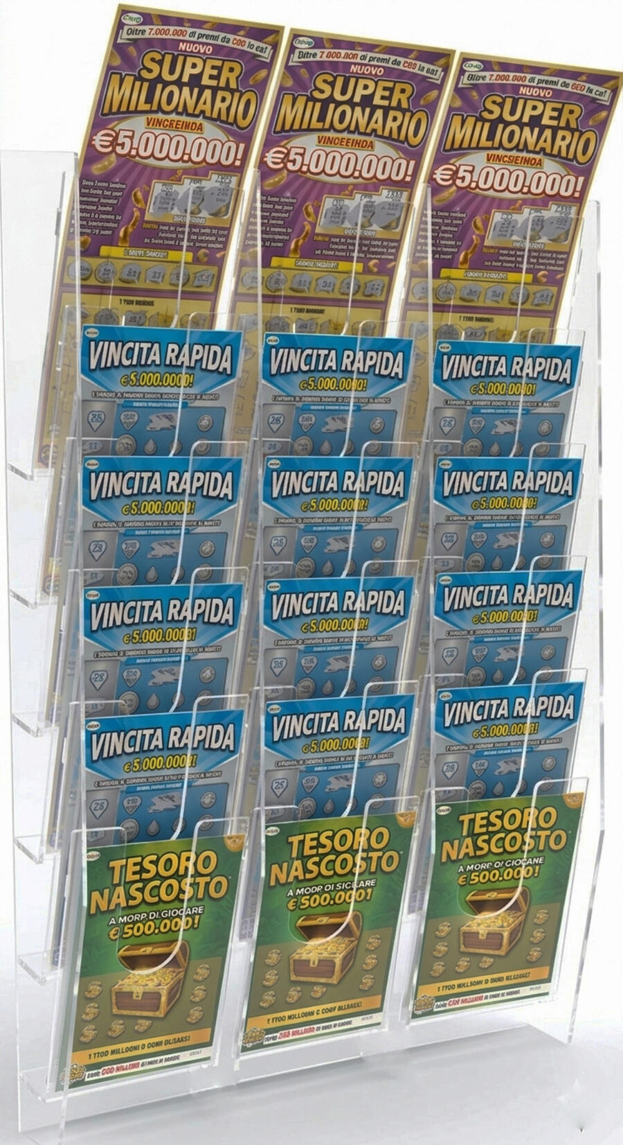 Wandmontierter Aufsteller mit 18 Fächern für Lottoscheine, SuperEnalotto-Lose und Rubbellose