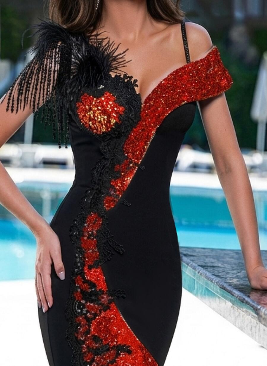 0934 Long mermaid dress in elastic crepe fabric with lumix and lace inserts